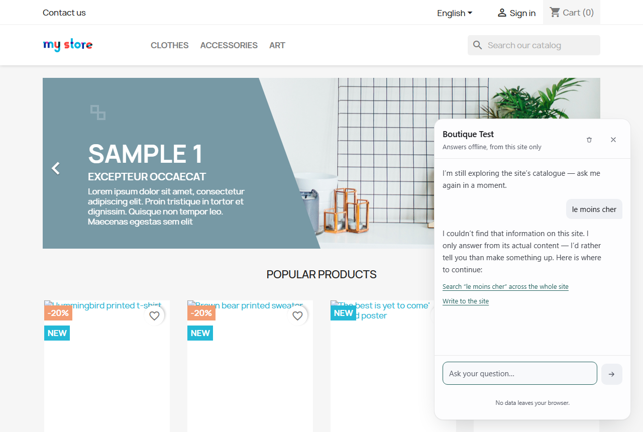 The assistant on a PrestaShop store — answers offline, from the site.