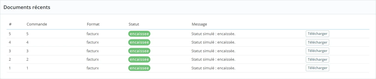 Letzte Dokumente: erzeugte E-Rechnungen, Status, Download